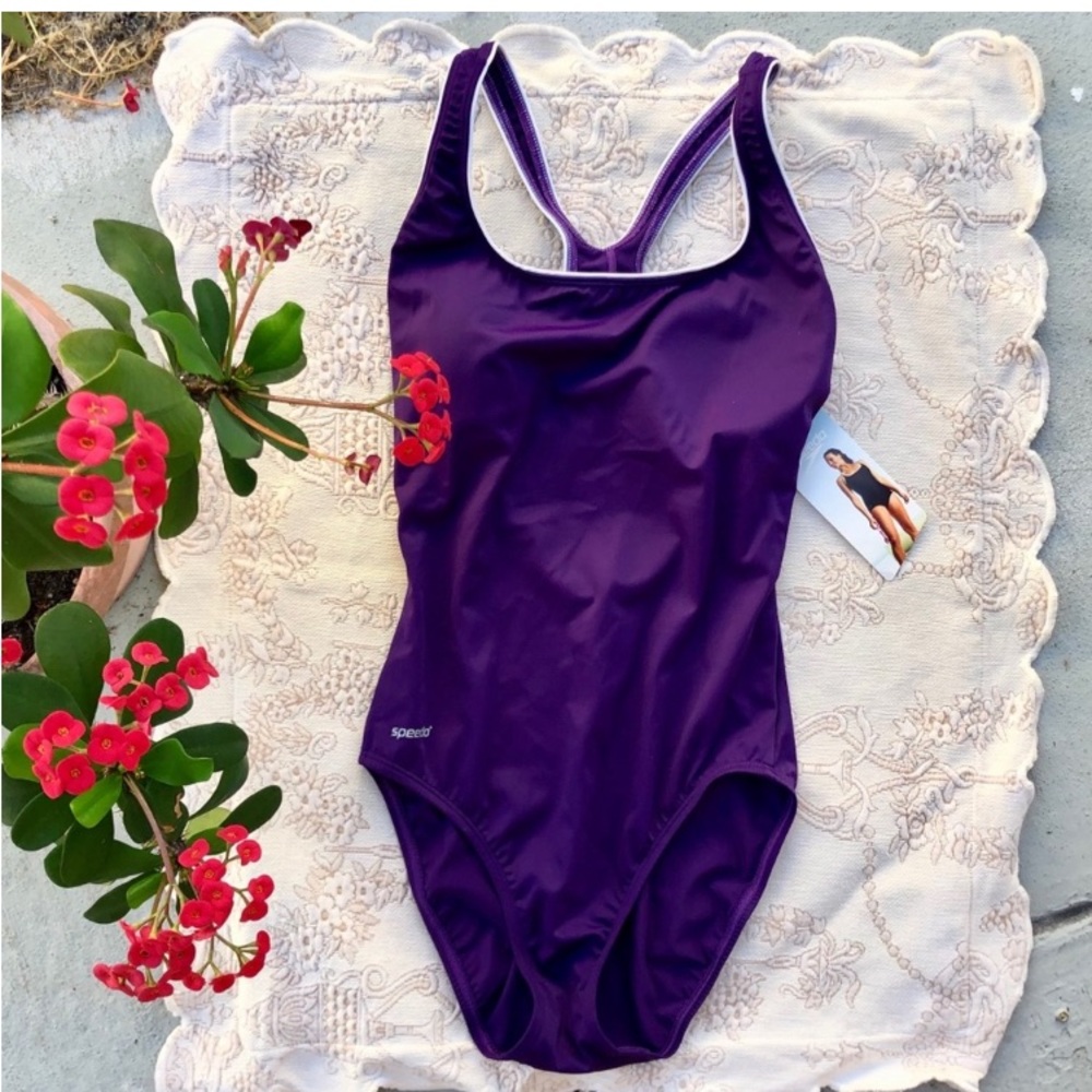 NWT Purple with White Piping One-piece Speedo Swim Suit 8